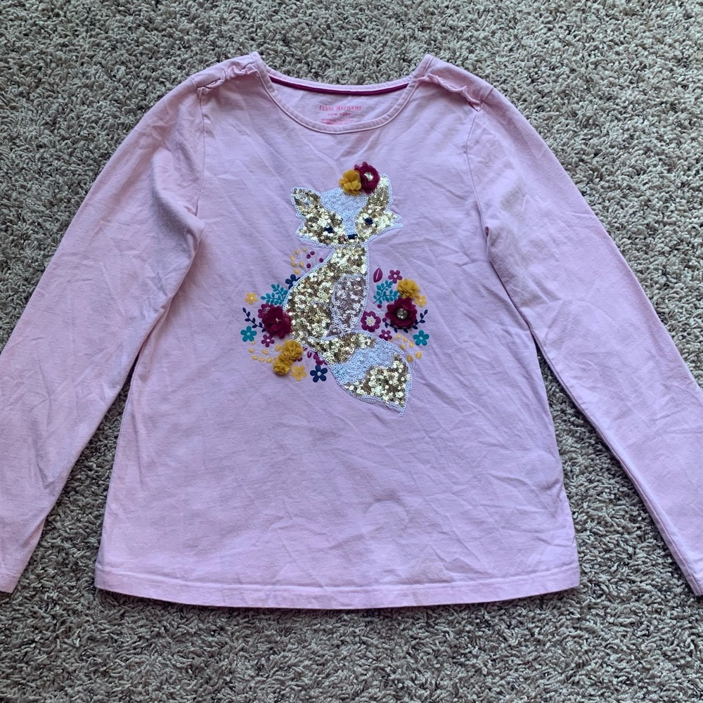 Isaac Mizrahi Girls Sz US M 10-12 yrs Pretty Sequined Fox Tee Flowers and Stones
